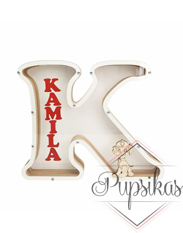 Balta, medinė taupyklė su raide K (Su pasirinkta raide ir vardu)